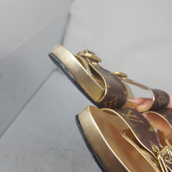 Louis Vuitton Brown Gold Buckle Bom Dia Monogram Flat Slide Sandals - Picture 15 of 16